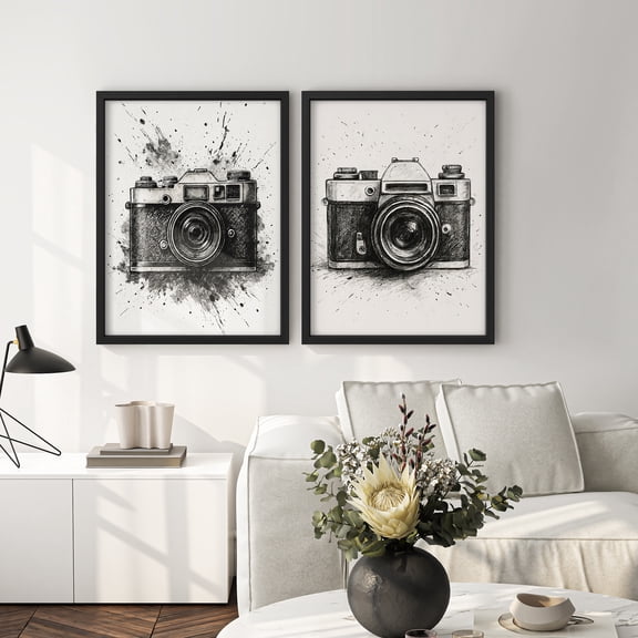 Framed Print Wall Art Set of 2 - Camera Poster Art - 2 Pieces Watercolor Photography Tools Illustration Modern Wall Decor for Living Room - 8"x10"x2 Black
