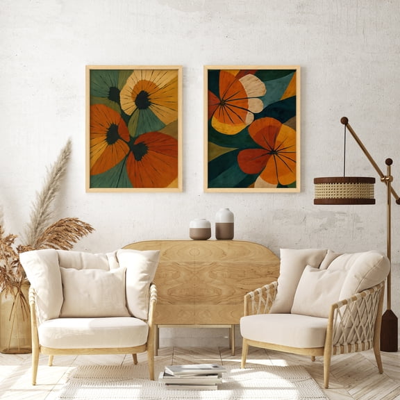 Framed Print Wall Art Set of 2 - Colorful Flowers Poster Art - 2 Pieces Abstract Floral Botanical Modern Wall Decor for Living Room - 12"x16"x2 Natural