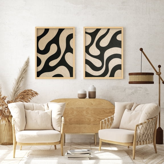 Framed Print Wall Art Set of 2 - Minimalist Abstract Lines Poster Art - 2 Pieces Neutral Mid-Century Modern Wall Decor for Living Room - 12"x16"x2 Natural