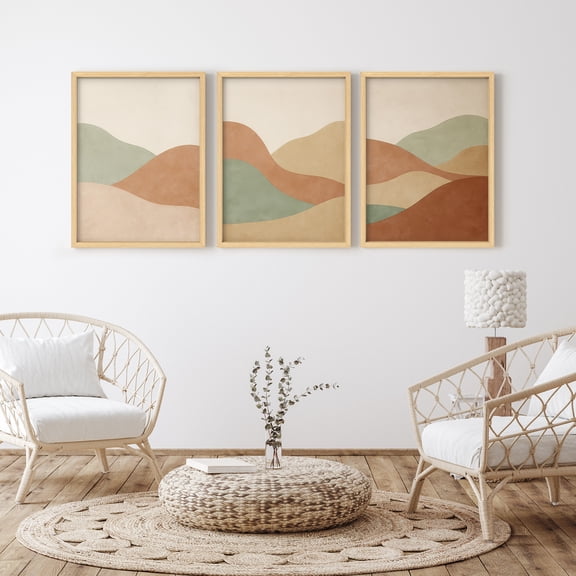 Framed Print Wall Art Set of 3 - Abstract Mountain Range Landscape Poster Art - 3 Pieces Nature-Inspired Boho Wall Decor for Living Room - 12"x16"x3 Natural