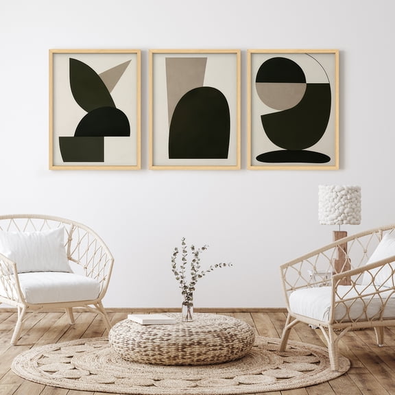 Framed Print Wall Art Set of 3 - Neutral Abstract Geometric Poster Art - 3 Pieces Minimalist Mid-Century Modern Wall Decor for Living Room - 12"x16"x3 Natural