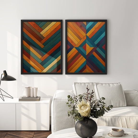 Framed Print Wall Art Set of 2 - Colorful Wood Panel-style Poster Art - 2 Pieces Rustic Modern Farmhouse Wall Decor for Living Room - 11"x14"x2 Black