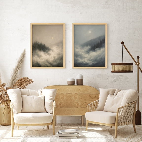 Framed Print Wall Art Set of 2 - Misty Mountain Landscape Poster Art - 2 Pieces Nature Forest Modern Wall Decor for Living Room - 12"x16"x2 Natural