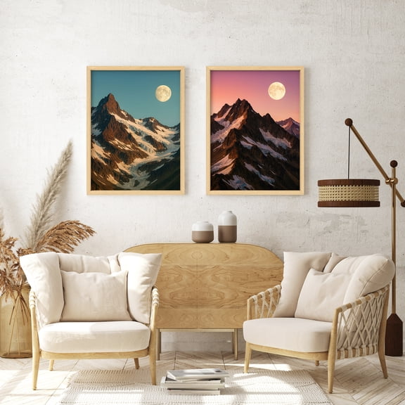 Framed Print Wall Art Set of 2 - Mountain Landscape Poster Art - 2 Pieces Nature Modern Wall Decor for Living Room - 12"x16"x2 Natural