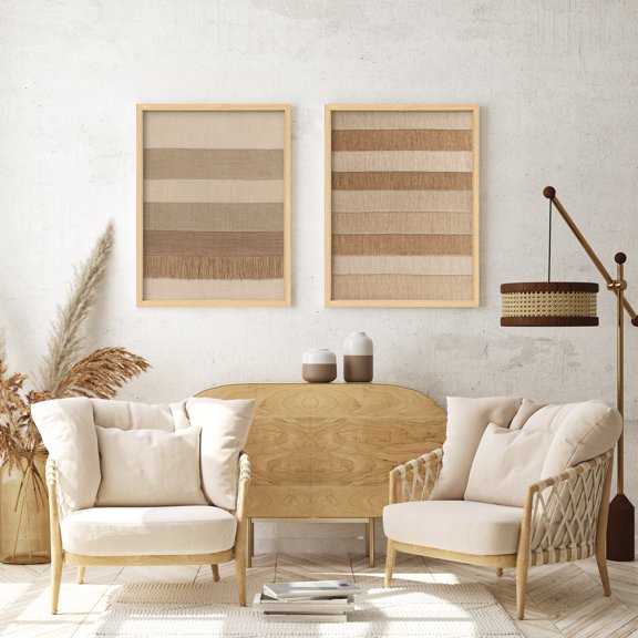 Framed Print Wall Art Set of 2 - Neutral Abstract Color Blocks Poster Art - 2 Pieces Minimalist Modern Wall Decor for Living Room - 12"x16"x2 Natural