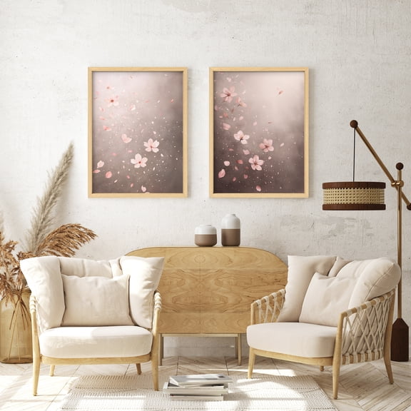 Framed Print Wall Art Set of 2 - Purple Flowers Poster Art - 2 Pieces Floral Botanical Modern Wall Decor for Living Room - 12"x16"x2 Natural