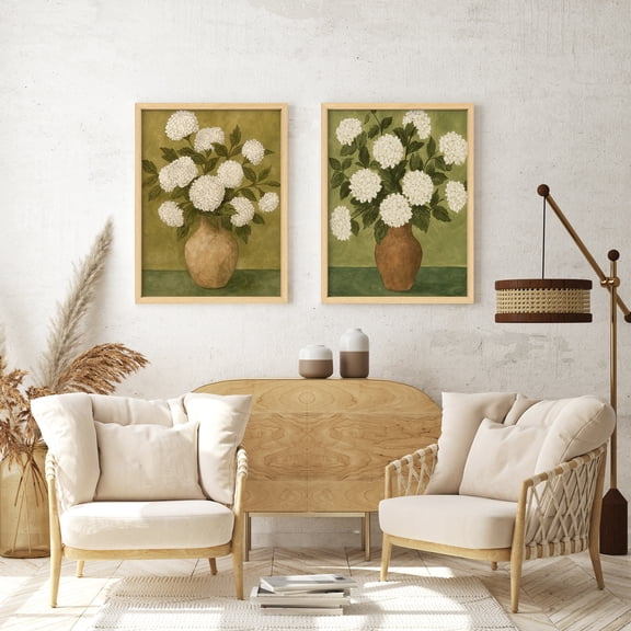 Framed Print Wall Art Set of 2 - Vintage Flowers in Vase Poster Art - 2 Pieces Modern Farmhouse Wall Decor for Living Room - 12"x16"x2 Natural