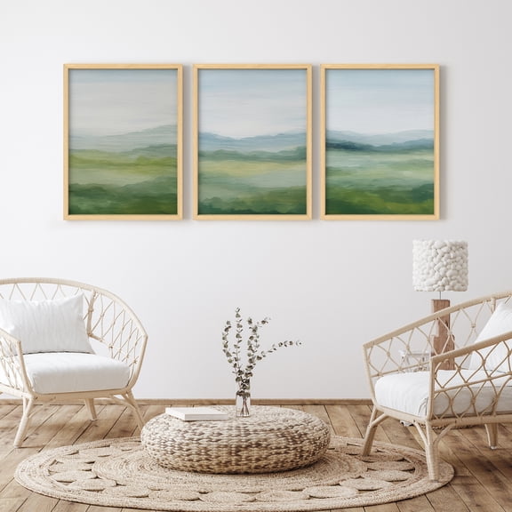 Framed Print Wall Art Set of 3 - Abstract Grass Field Landscape Poster Art - 3 Pieces Modern Farmhouse Wall Decor for Living Room - 12"x16"x3 Natural