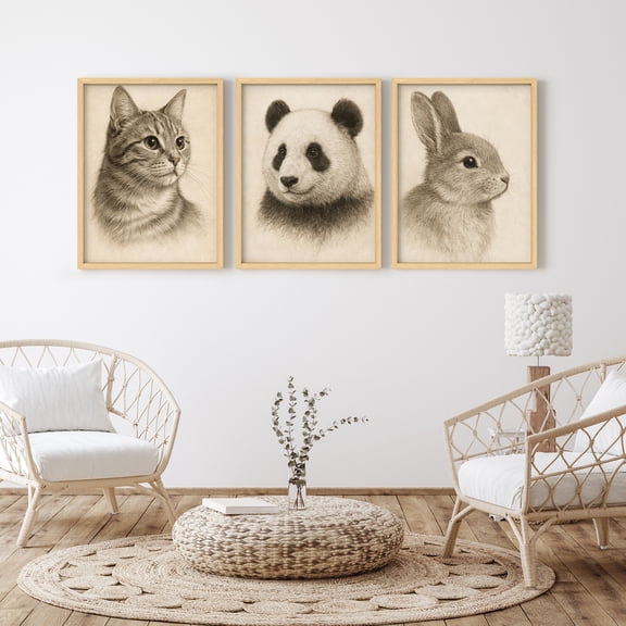 Framed Print Wall Art Set of 3 - Animal Portrait Poster Art - Minimalist Vintage Wall Decor for Living Room - 12"x16"x3 Natural