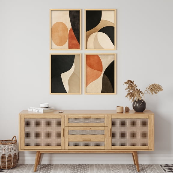 Framed Print Wall Art Set of 4 - Abstract Colorblocks Poster Art - 4 Pieces Mid-Century Modern Wall Decor for Living Room - 12"x16"x4 NATURAL