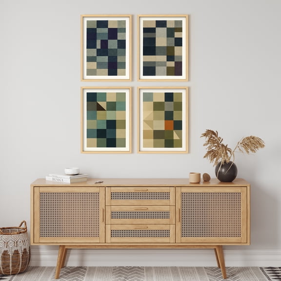 Framed Print Wall Art Set of 4 - Abstract Geometric Poster Art - 4 Pieces Mid-Century Modern Wall Decor for Living Room - 12"x16"x4 NATURAL