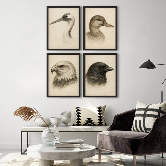 Framed Print Wall Art Set of 4 - Eagle Duck Poster Art - Animal Portrait Minimalist Vintage Wall Decor for Living Room - 11"x14"x4 BLACK