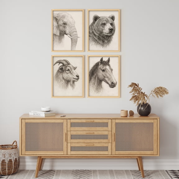 Framed Print Wall Art Set of 4 - Elephant Bear Poster Art - Animal Portrait Minimalist Vintage Wall Decor for Living Room - 12"x16"x4 NATURAL