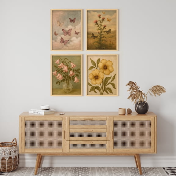 Framed Print Wall Art Set of 4 - Vintage Floral Botanical Poster Art - 4 Pieces Flowers Modern Wall Decor for Living Room - 12"x16"x4 NATURAL