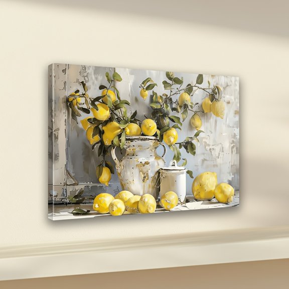Framed, Printed Rustic Lemon Still Life Fresh Framed Canvas Wall Art, Perfect for Kitchen and Dining Room Decor, Ready to Hang, Ideal Room Decoration.