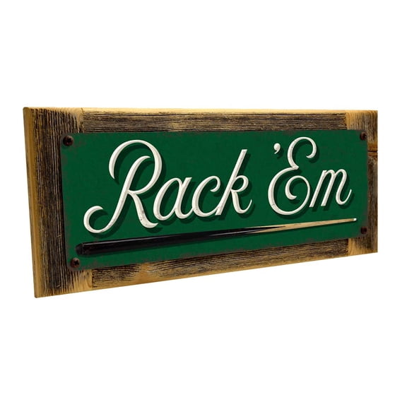 Framed Rack ‘Em 4"x12" Metal Sign, Wall Décor for Mancave, Den, and Gameroom