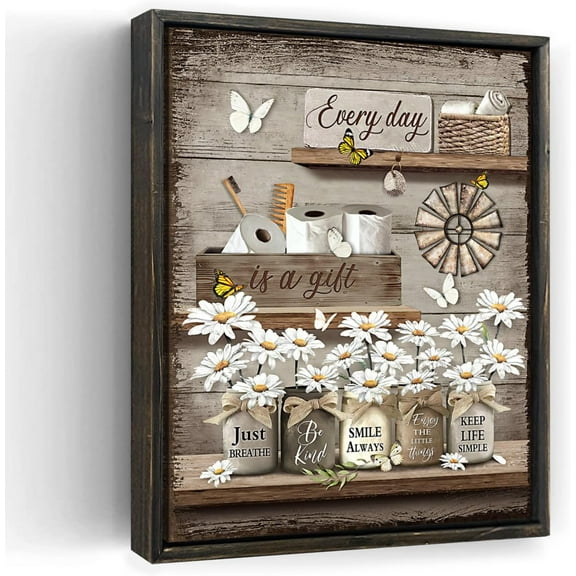 Framed Rustic Daisy Wall Art Vintage Bathroom Canvas Print Bathroom Decor Flower Butterfly Painting Rustic Bathroom Picture Home Decor For Bathroom Bedroom Ready To Hang 12x16 Inch
