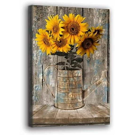 Framed Rustic Farmhouse Canvas Sunflower Wall Art Decor for Picture Print Floral Vintage Wood Grain Canvas Artwork for Living Room Bedroom Bathroom Office Hotel Modern Home Ready to Hang12x16 inch