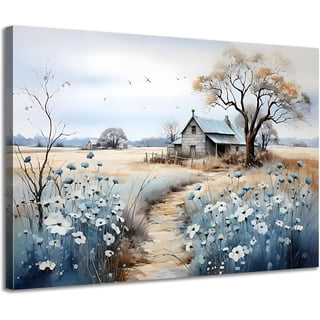 Framed Rustic Farmhouse Canvas Wall Art Beautiful Field Painting Wildflower Barn Print Nature Scenery Picture French Countryside Poster for Bathroom Bedroom Living Room Office Wall Decor 12x16in