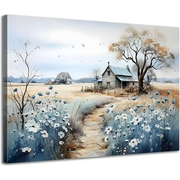 Framed Rustic Farmhouse Canvas Wall Art Beautiful Field Painting Wildflower Barn Print Nature Scenery Picture French Countryside Poster for Bathroom Bedroom Living Room Office Wall Decor 12x16in