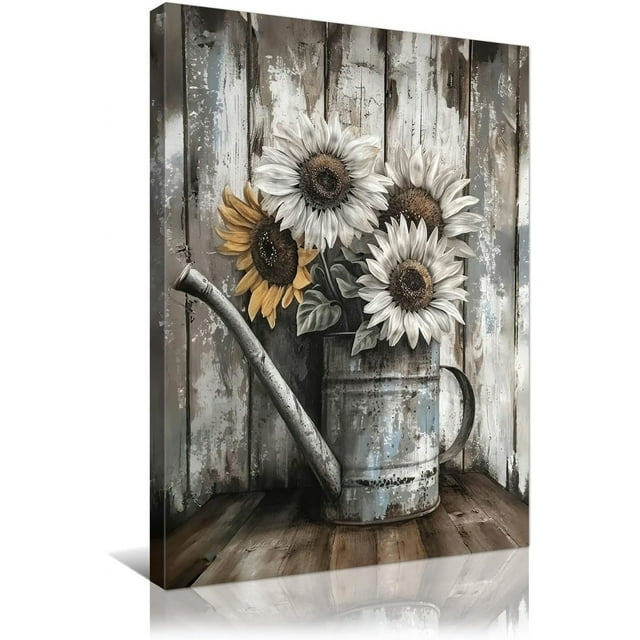 Framed Rustic Farmhouse Canvas Wall Art White Sunflower and Rusty