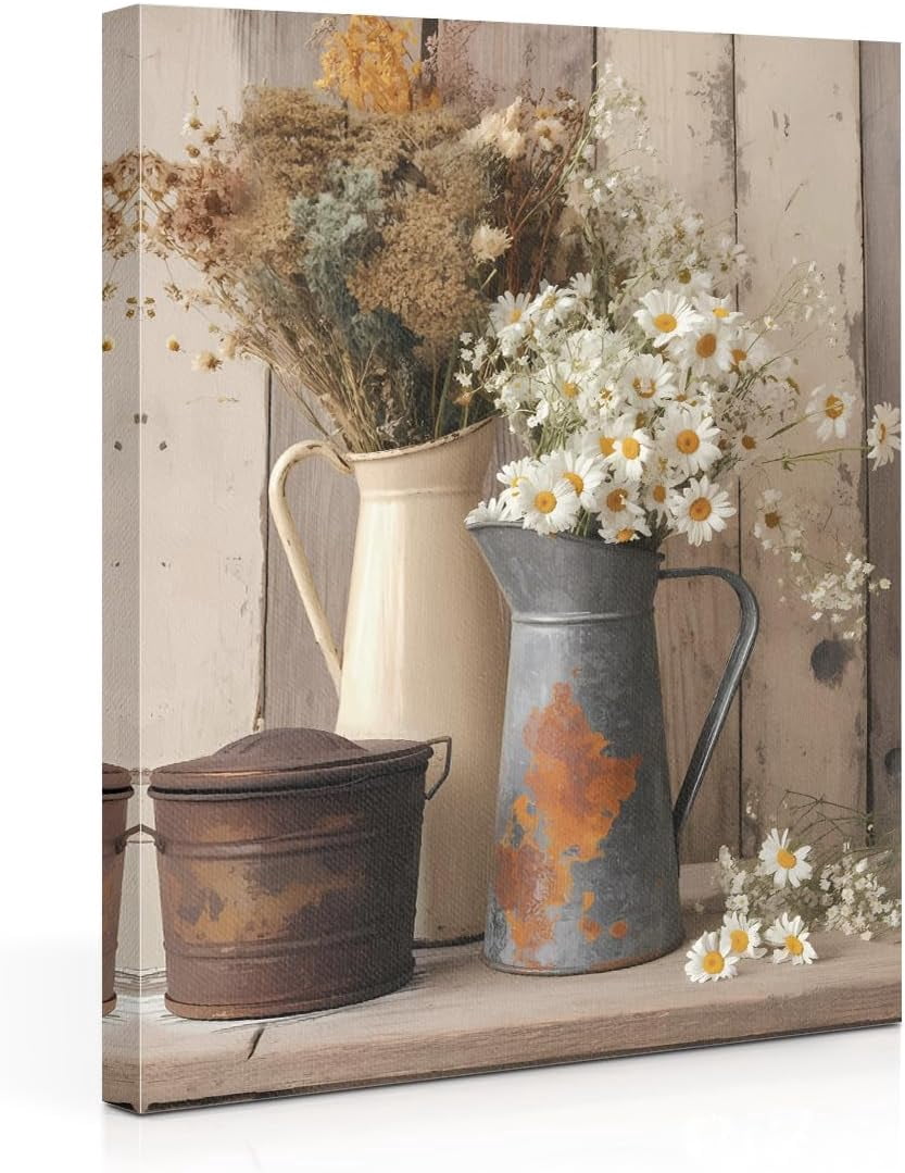 Framed Rustic Farmhouse Daisy Canvas Wall Art - Vintage Country Floral ...