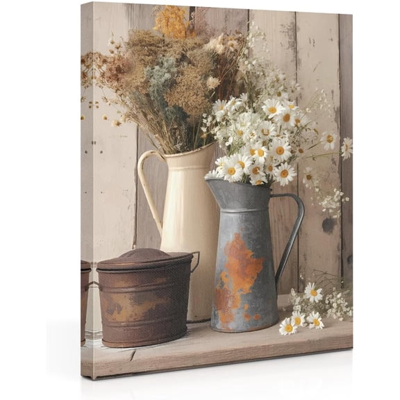 Framed Rustic Farmhouse Daisy Canvas Wall Art - Vintage Country Floral Print with White Daisies & Rust Watering Can, Botanical Still Life Decor for Living Room, Bedroom & Home