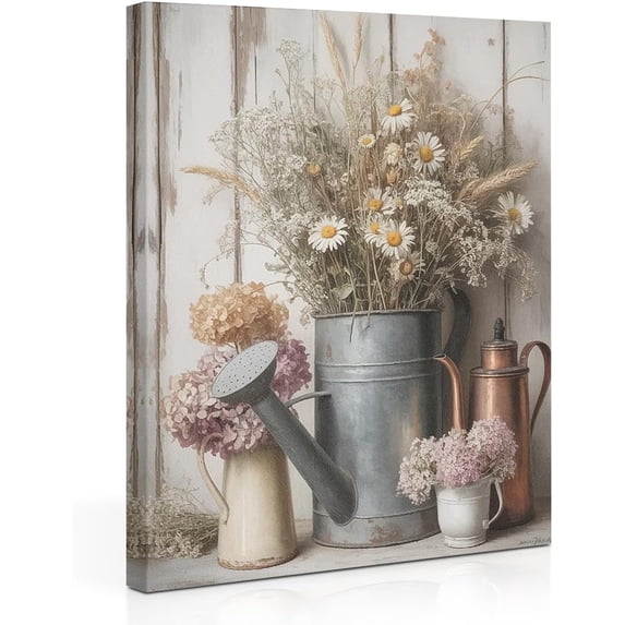Framed Rustic Farmhouse Daisy Canvas Wall Art - Vintage Country Floral Print with White Daisies & Rust Watering Can, Botanical Still Life Decor for Living Room, Bedroom & Home