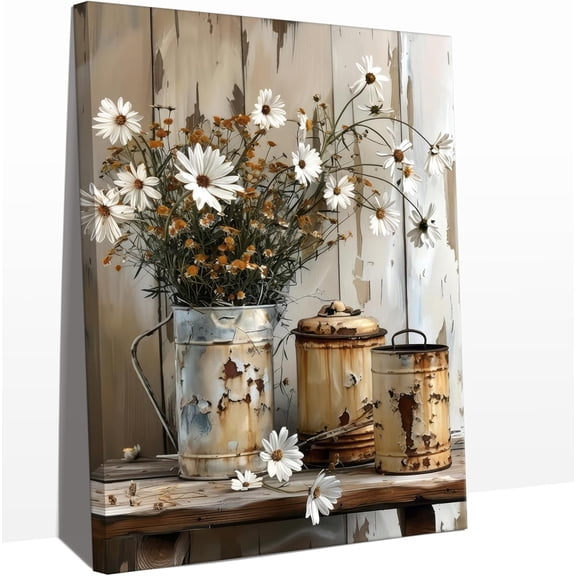 Framed Rustic Farmhouse Daisy Canvas Wall Art - Vintage Country Floral Still Life with Galvanized Metal Containers & Dried Blooms, Ready to Hang Wall Decor for Living Room, Bedroom & Kitchen