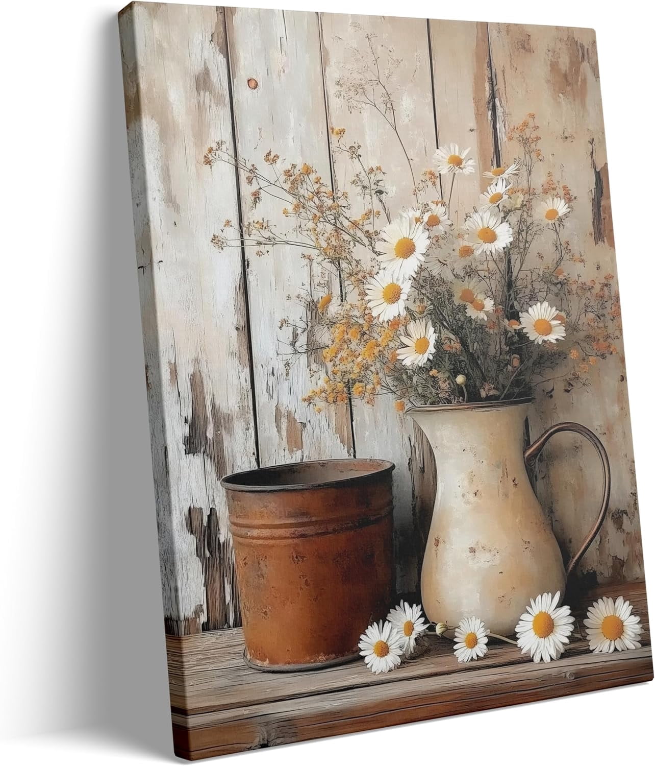 Framed Rustic Farmhouse Daisy Canvas Wall Art - Vintage Country Floral ...