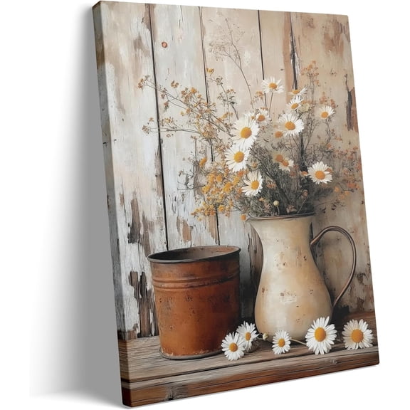 Framed Rustic Farmhouse Daisy Canvas Wall Art - Vintage Country Floral Still Life with Galvanized Metal Containers & Dried Blooms, Ready to Hang Wall Decor for Living Room, Bedroom & Kitchen