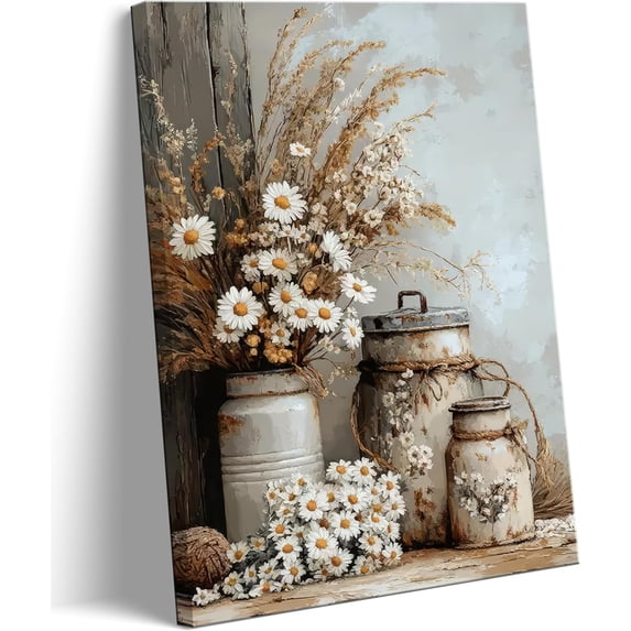 Framed Rustic Farmhouse Daisy Canvas Wall Art - Vintage Country Floral Still Life with Galvanized Metal Containers & Dried Blooms, Ready to Hang Wall Decor for Living Room, Bedroom & Kitchen