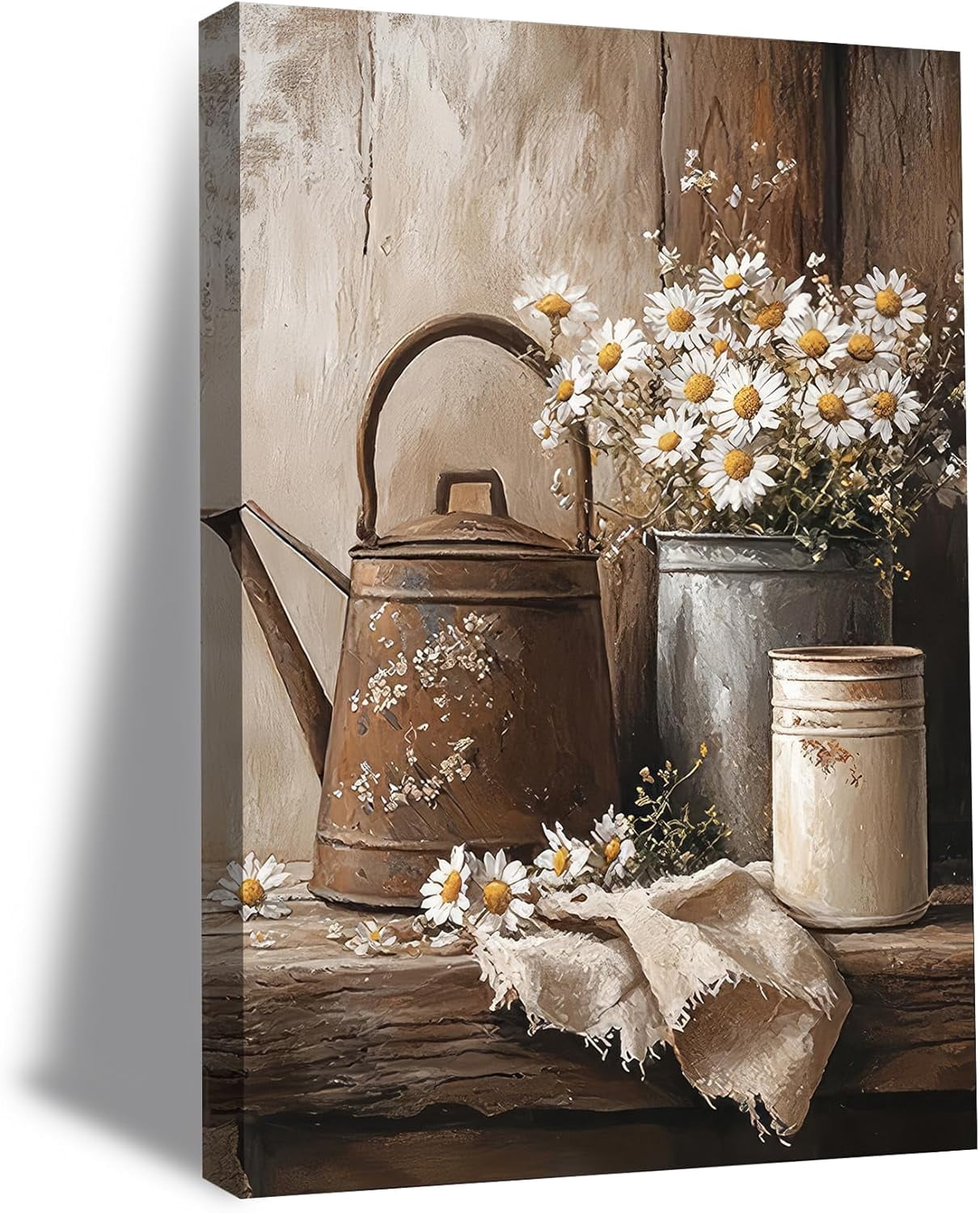Framed Rustic Farmhouse Daisy Wall Art, Vintage Country Floral Canvas ...