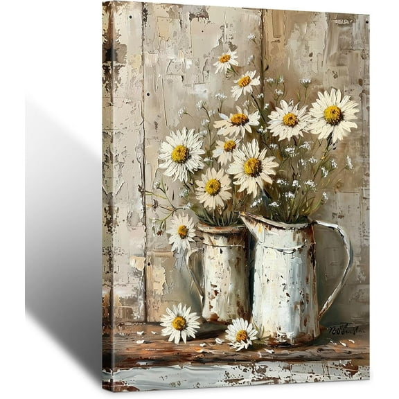 Framed Rustic Farmhouse Floral Daisy Canvas Wall Art, Farmhouse Bathroom Decor Wall Art Prints Rustic White Daisy Flower Bedroom Pictures Country Flower Wall Decor for Living Room 16x20inch