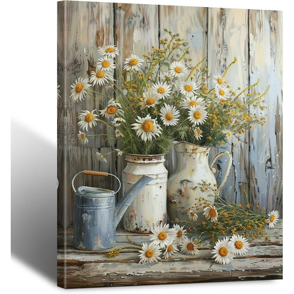 Framed Rustic Farmhouse Floral Daisy Canvas Wall Art, Farmhouse Bathroom Decor Wall Art Prints Rustic White Daisy Flower Bedroom Pictures Country Flower Wall Decor for Living Room 12x16inch