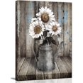 thumbnail image 1 of Framed Rustic Farmhouse White Sunflower Wall Art Decor for picture print Floral Vintage Wood Grain Canvas Artwork for Living Room Bedroom Bathroom Office Hotel Modern Home ready to hang 12x16inch, 1 of 6