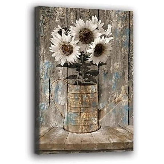 Framed Rustic Farmhouse White Sunflower Wall Art Flowers Painting Country Canvas Wall Art Decor Vintage Wood Grain Artwork for Living Room Bedroom Bathroom Hotel Modern Home ready to hang 12x16inch