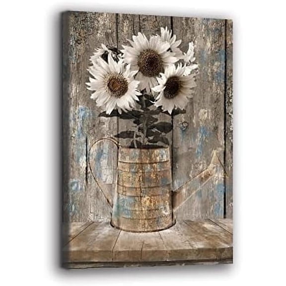 Framed Rustic Farmhouse White Sunflower Wall Art Flowers Painting Country Canvas Wall Art Decor Vintage Wood Grain Artwork for Living Room Bedroom Bathroom Hotel Modern Home ready to hang 12x16inch