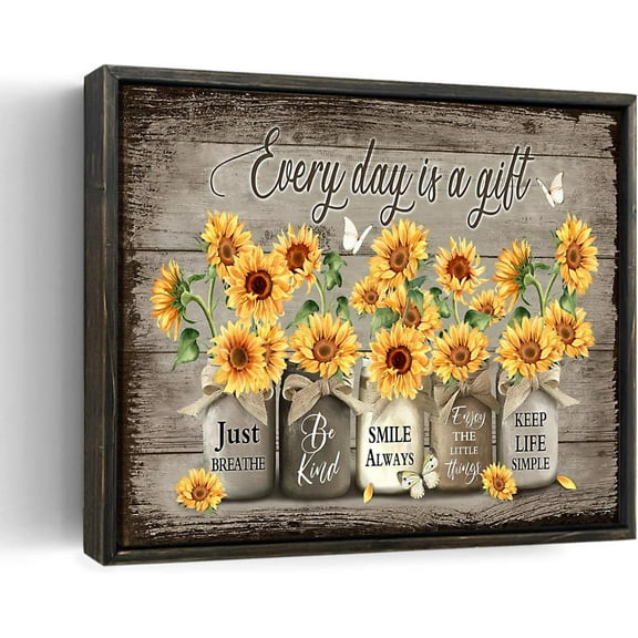Framed Rustic Sunflower Wall Art Vintage Bathroom Canvas Print Flower Painting Rustic Bathroom Picture Home Decor For Bathroom Bedroom Ready To Hang 12x16 Inch