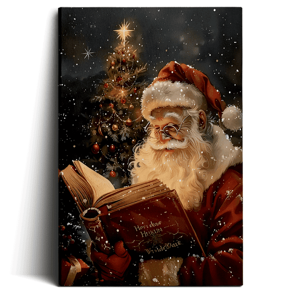Framed Santa Claus Reading Canvas Wall Art - Waterproof Print, Festive Holiday Decor for Home, Ideal for Christmas & Halloween, Featuring Santa in his Traditional Attire