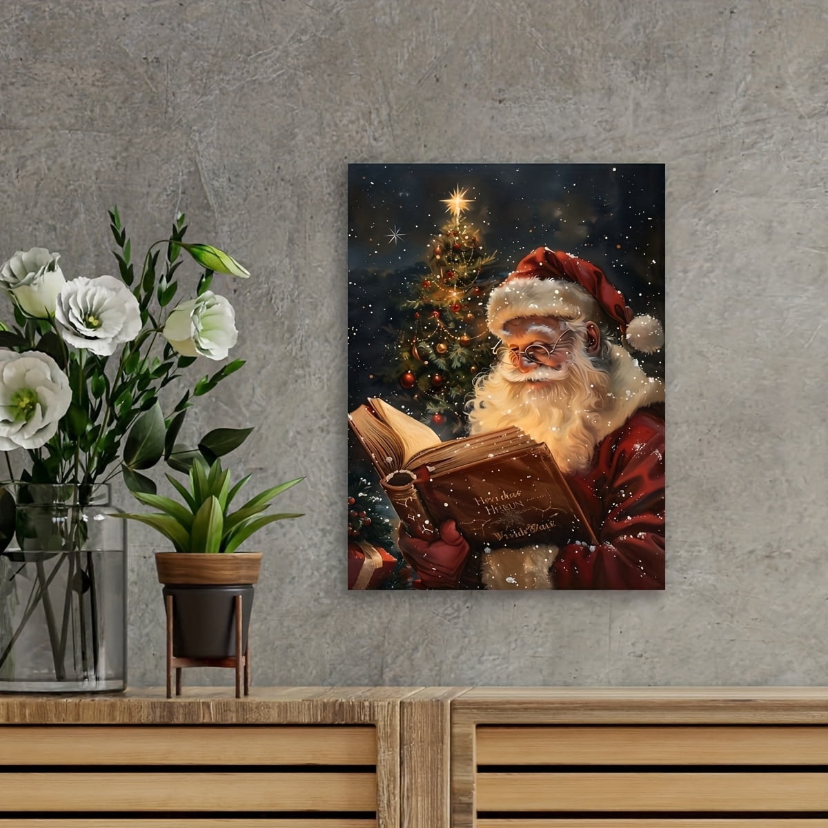 Framed Santa Claus Reading Canvas Wall Art - Waterproof Print, Festive Holiday Decor for Home, Ideal for Christmas & Halloween, Featuring Santa in his Traditional Attire