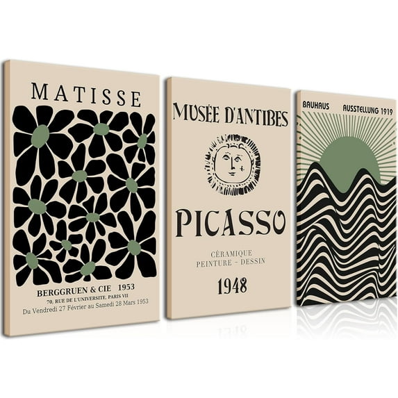 Framed Set of 3 Canvas Wall Art Prints Picasso Matisse Bauhaus Black Beige Green Modern Minimalist Wall Decor Paintings Poster Picture for Living Room Gallery Bedroom Ready to Hang 12"x16"x3