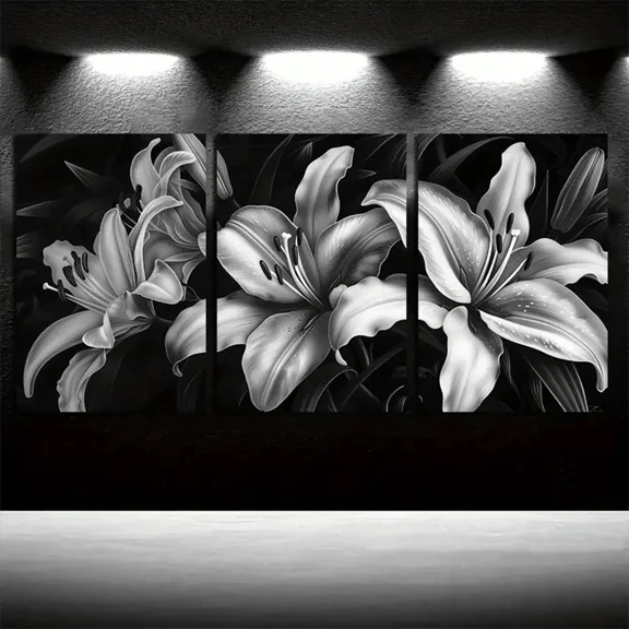 Framed Set Of 3 Canvas Wall To Art Wall Decor For Bedroom Living Room, Home Decor Black And White Photo Of Night Lilies Wooden Frame