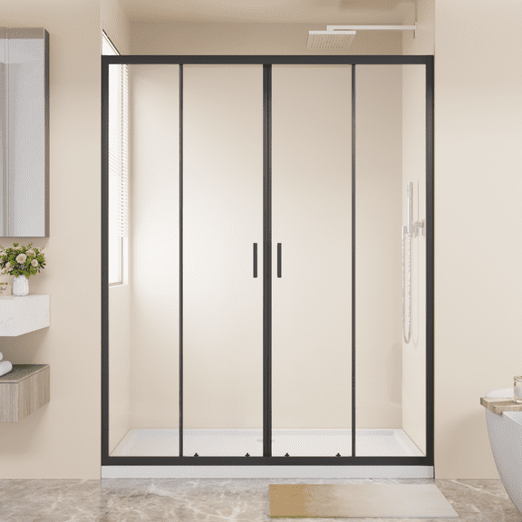 Framed Shower Sliding Door 60"x72", 4-Panel Center Opening Double Sliding Shower Door, 1/4" (6mm) Tempered Glass, Aluminum Frame with Stainless Steel Handles & Smooth Double Rollers, Black