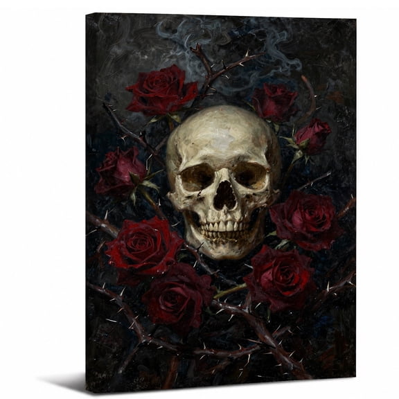 Framed Skull Red Roses Canvas Wall Art,Gothic Dark Academia Macabre abstract canvas print for bathroom bedroom living room decor,8x12in