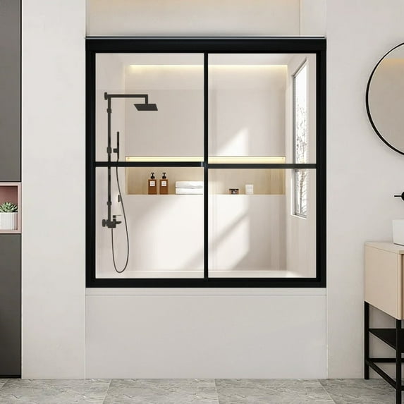 55"-59"W*56" H Framed Double Sliding Tub Door, Bypass Bathtub Glass Doors, Shower Door with 1/6" (4mm) Clear Tempered Glass, Matte Black Finish
