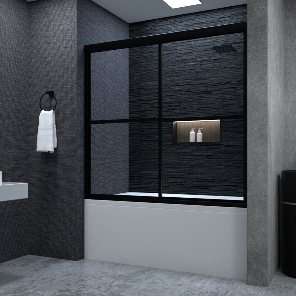 Matte Black Sliding Tub Door with Clear Tempered Glass