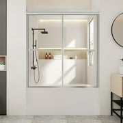 Framed Double Sliding Tub Door Tempered Glass,Silver Finish