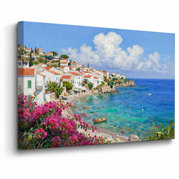 Framed Style Seascape Canvas Wall Art Bedroom Decor White Village Red Roof Bougainvillea abstract canvas print for bathroom bedroom living room