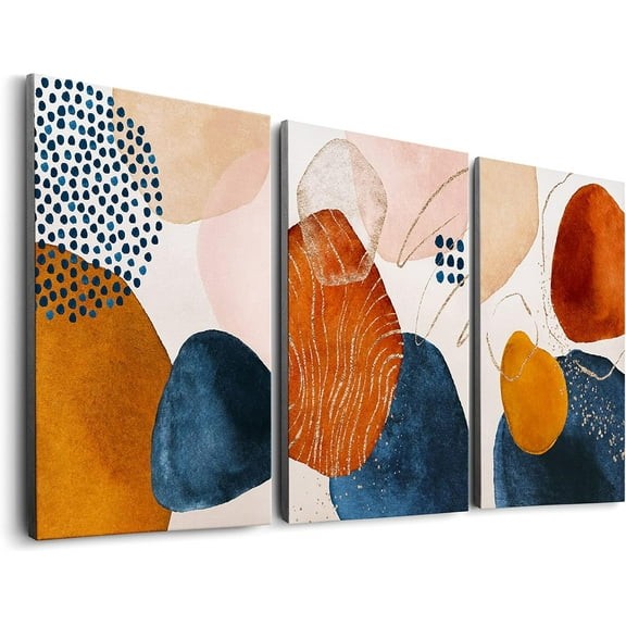 Framed Terracotta Blue and Orange Abstract Canvas Wall Art Set of 3 Burnt Orange Boho Wall Decor Navy Blue 3 Piece Mid Century Modern Wall Paintings Minimalist Naive Art Prints for Kitchen, Living
